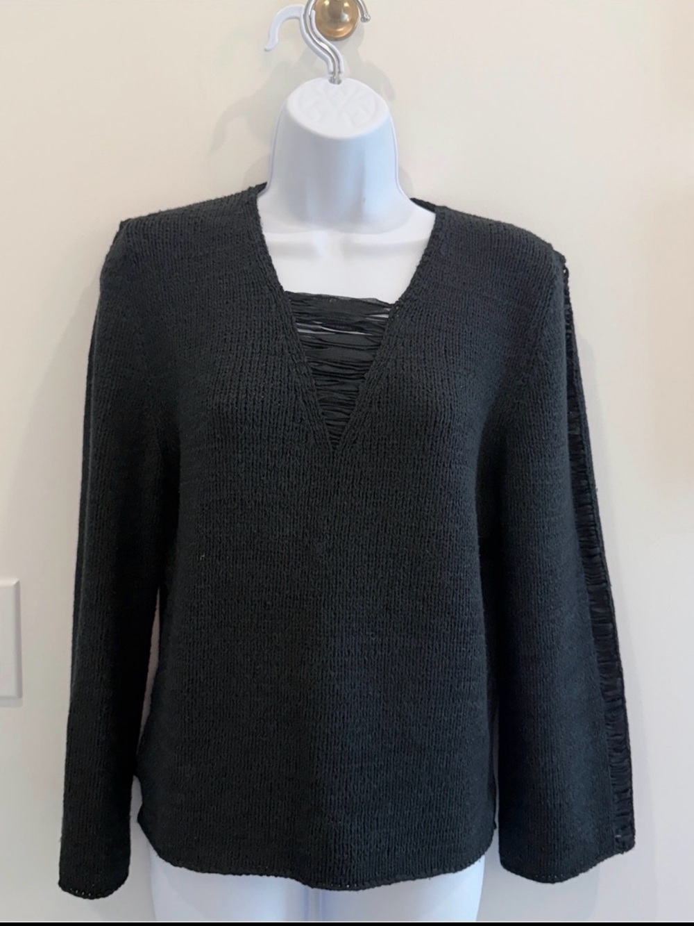 Classic Black V-Neck Sweater with Textured Inset